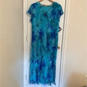 NWT Miss Dorby Blue Floral Print Sheer Overlay Formal Dress 18